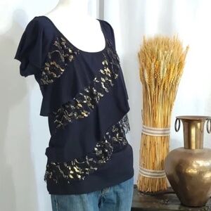 3/$25 Bongo Retro Ruffle Layer Metallic Lace Top